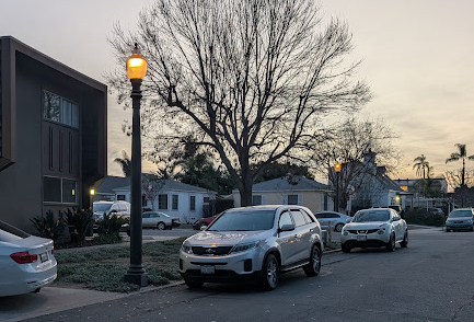 Street lights on before sunset in San Diego, January 20, 2025